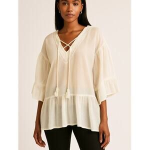 Asos blouse top flowy white 100% cotton lightweight V-neck tie 3/4 sleeve SZ M